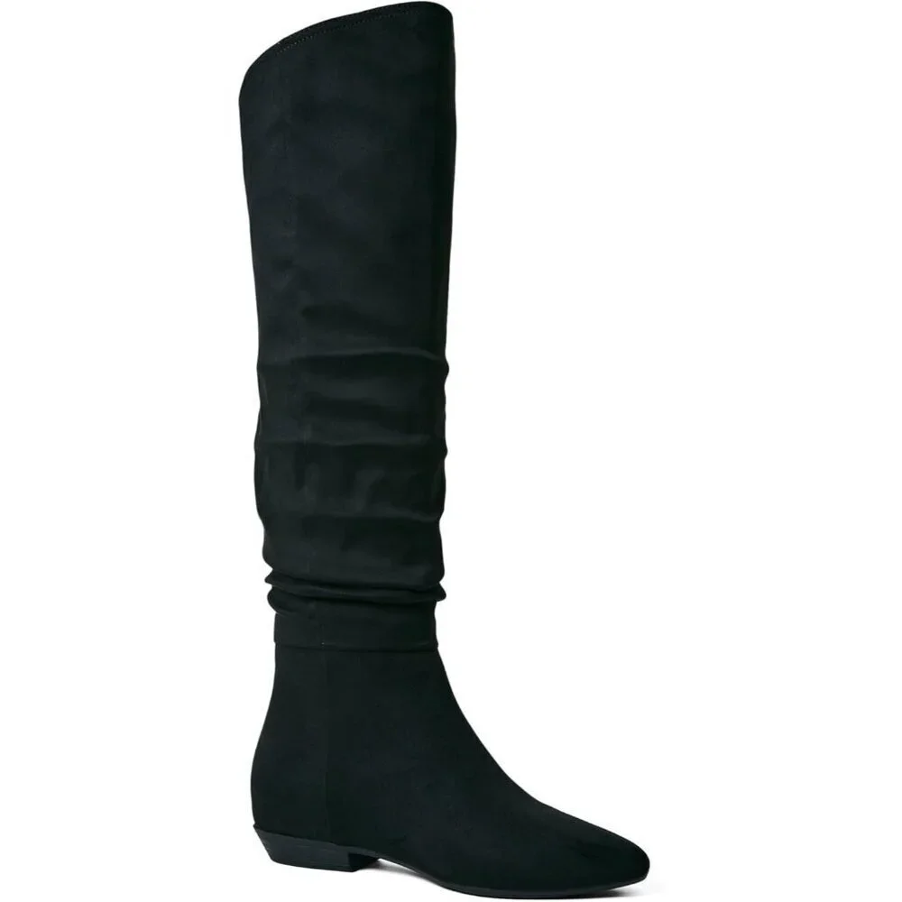 Women's Black Suede Thigh High Boots Faux Leather Chunky Heel Over The Knee Boot